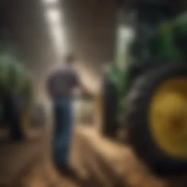 A farmer inspecting machinery with a manual