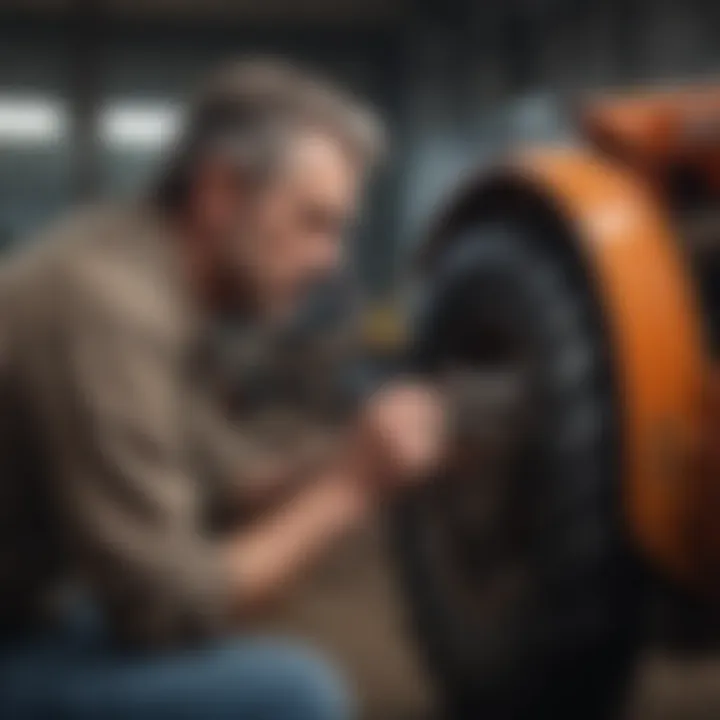 A farmer inspecting a used tractor part