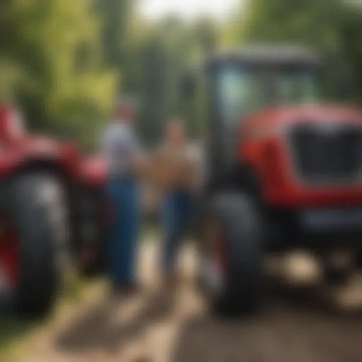 Happy farmers discussing tractor options at a dealership