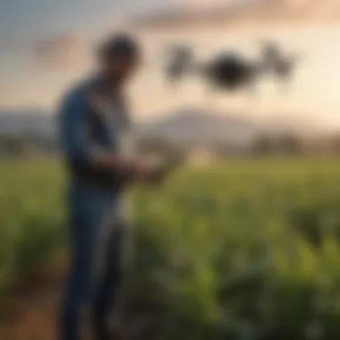 Farmers monitoring drone activity via a tablet