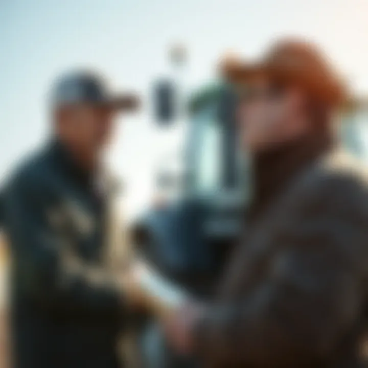 A farmer discussing with a dealer representative about financing options for tractors