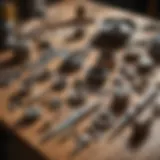 A close-up of various Foley equipment arranged on a wooden table