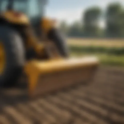 Detailed view of a grader box blade attached to a tractor