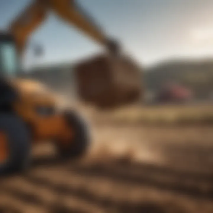 Demonstration of grapple attachment in use on a farm for efficient material handling.