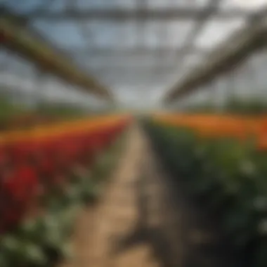 A vibrant greenhouse filled with flourishing crops under greenhouse film