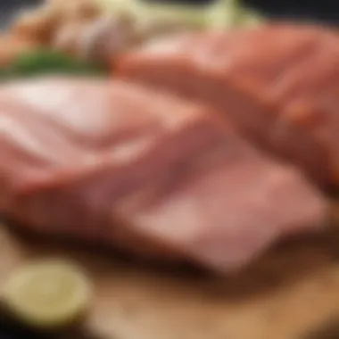 Close-up of lean meats and seafood on a cutting board