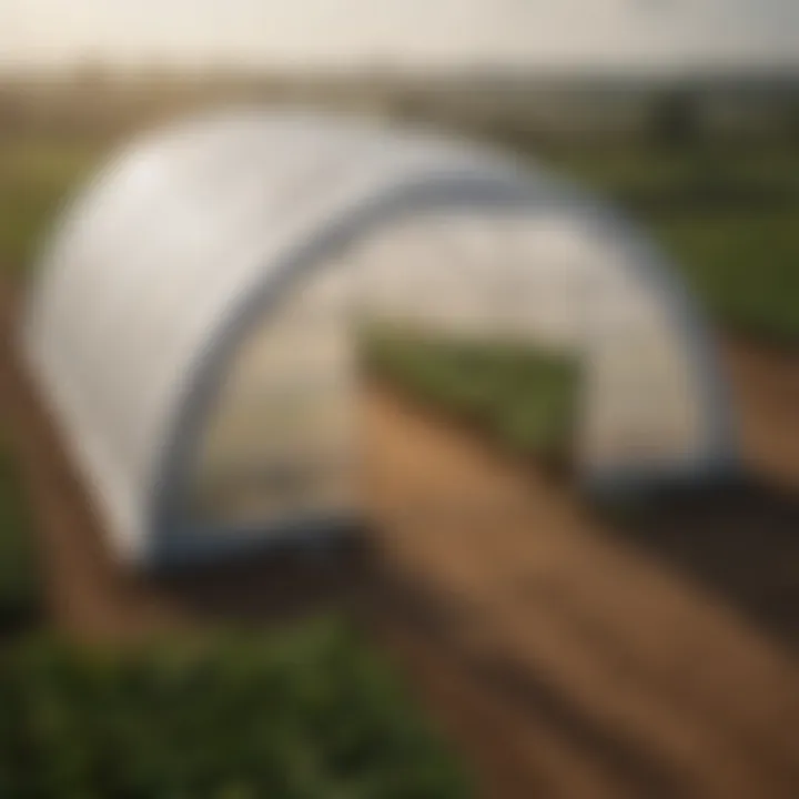 An aerial view of a hoop tent greenhouse amidst a sustainable farm.