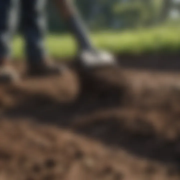 A close-up view of topsoil being spread evenly across the lawn