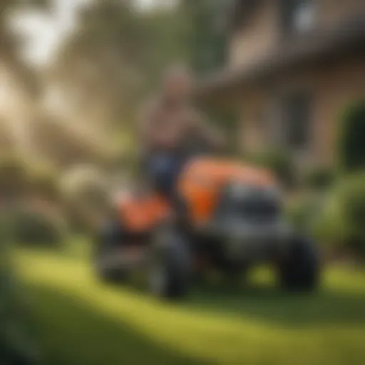 Illustration of a Husqvarna riding lawn mower in a garden setting