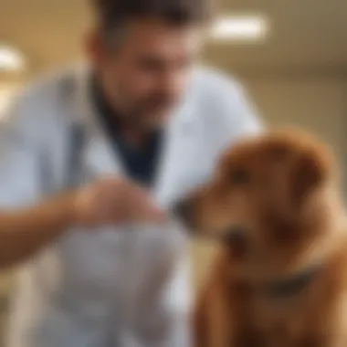 A veterinarian examining a dog with a focus on Incurin 1 mg