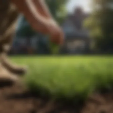 A gardener caring for a freshly seeded lawn