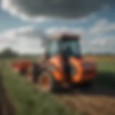 Rider using Kubota machinery in agricultural landscape