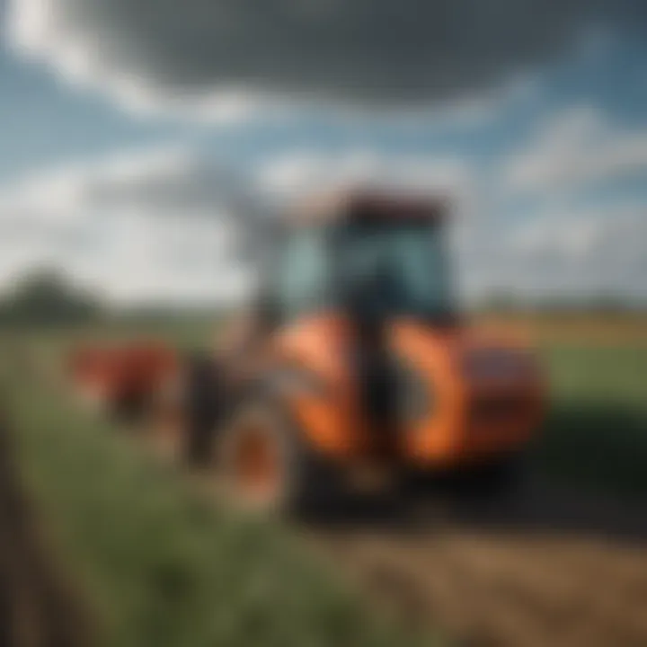 Rider using Kubota machinery in agricultural landscape