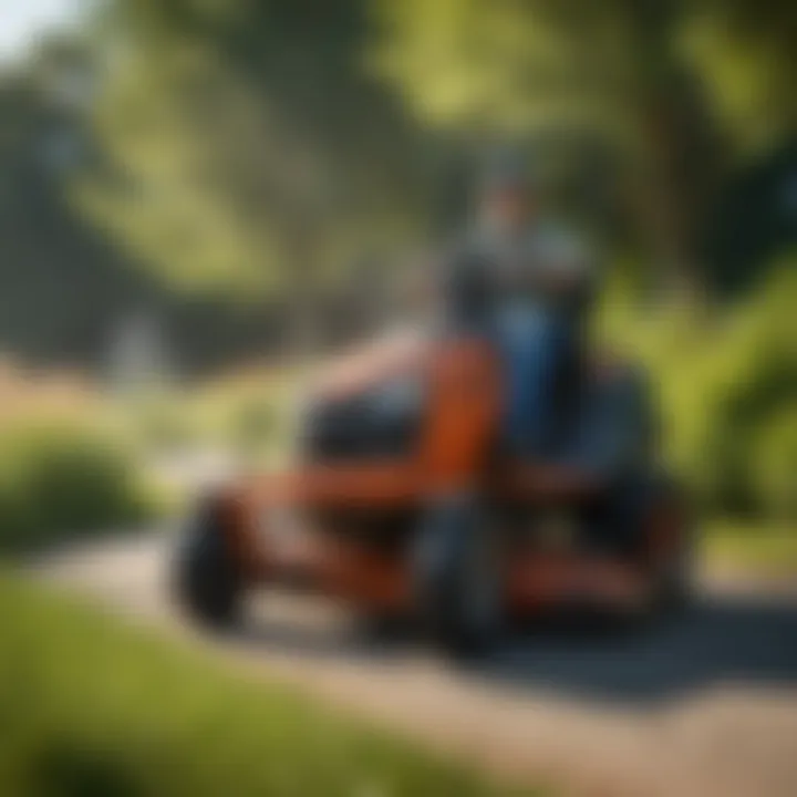 A landscape professional using a propane powered zero turn mower on a commercial property
