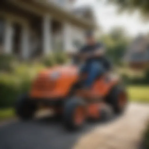 Technician diagnosing a lawn mower at a customer's home