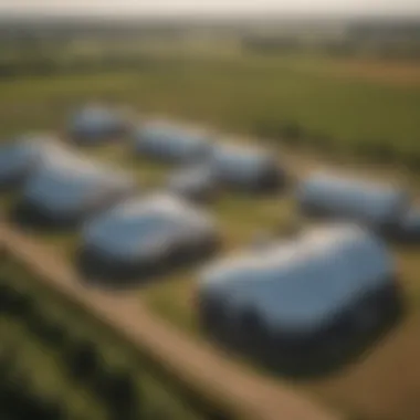 Aerial View of Hoop Barns on a Farm An aerial view highlighting multiple hoop barns within a farm landscape