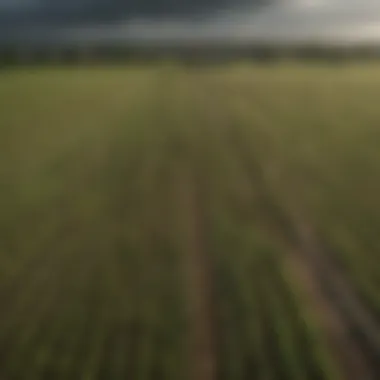 Aerial view of agricultural fields showcasing diverse crops under varying weather conditions