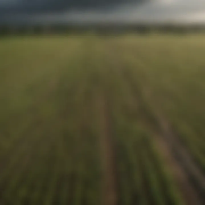 Aerial view of agricultural fields showcasing diverse crops under varying weather conditions