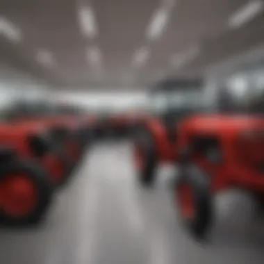 Interior view of a Mahindra dealership showcasing tractors