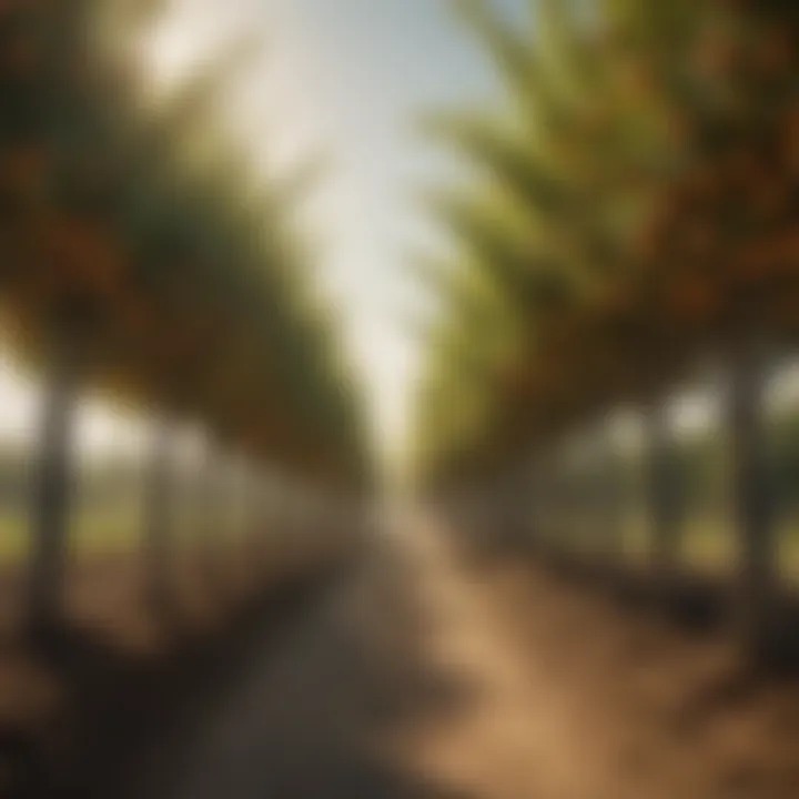 An agricultural landscape showcasing fruit orchards with dairy farms