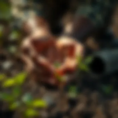 A close-up of hands planting seeds in rich soil