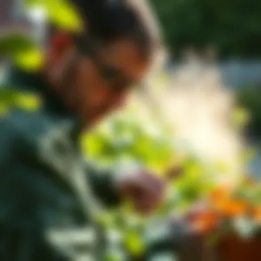 Close-up of a pest control technician inspecting a garden for pests