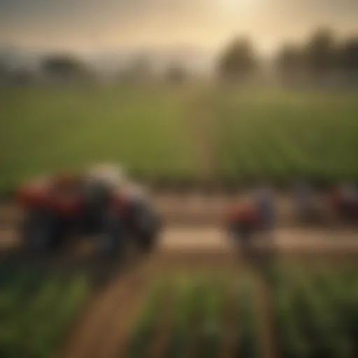 A field with diverse crops being tended by foreign workers