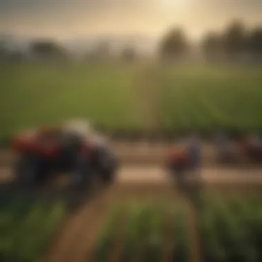 Diverse Agricultural Landscape A field with diverse crops being tended by foreign workers