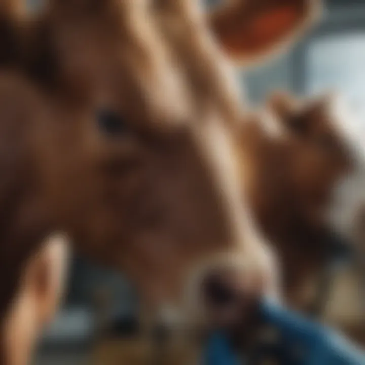 Close-up of a veterinarian examining a cow for signs of mastitis.