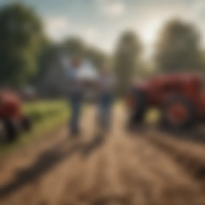 A farmer discussing financing options with a dealer, highlighting financial decisions.