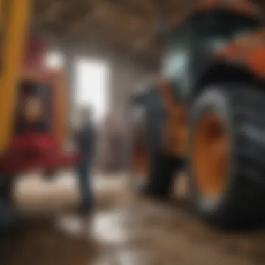 A detailed inspection of used farm machinery, emphasizing quality checks.