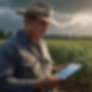 Farmer Analyzing Weather Data Farmer analyzing weather patterns and data on a tablet