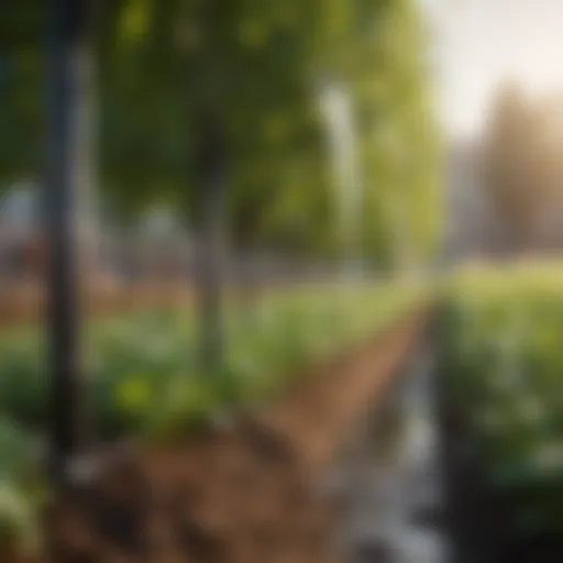 Close-up of a drip irrigation system integrated with grow bags showing water distribution