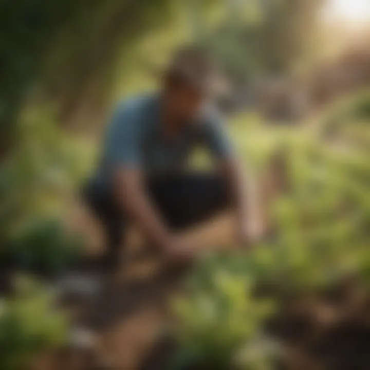 A gardener monitoring a drip irrigation system with grow bags in a sustainable setup