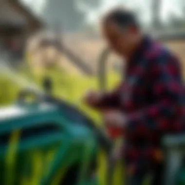 A professional landscaper demonstrating maintenance tips for riding mower weed sprayers