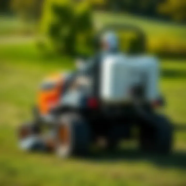 A close-up view of a riding mower equipped with a weed sprayer in action over a lush lawn