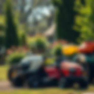 Different types of riding mower weed sprayers displayed in a garden setting