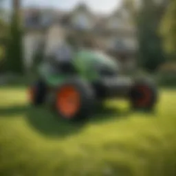 A close-up view of a propane powered zero turn mower in action on a lush green lawn