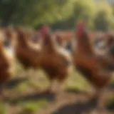 A diverse flock of hens in a sunny pasture