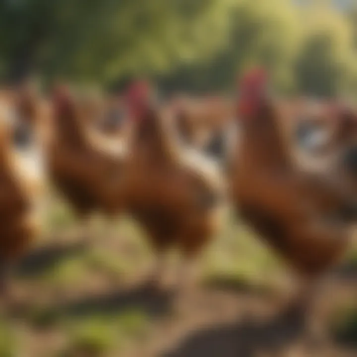 A diverse flock of hens in a sunny pasture