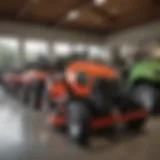 Showroom display of various riding lawn mowers