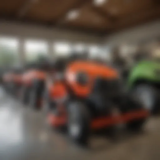 Showroom display of various riding lawn mowers