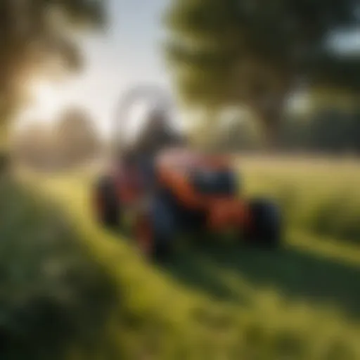 A powerful riding mower cutting through thick grass