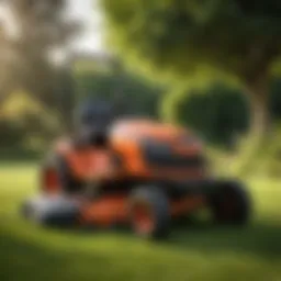 A Riggs mower showcasing its robust design and engineering features in a lush garden setting.
