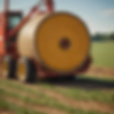 A close-up view of a round bale wrapper in action