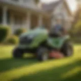 Sears sit-down lawn mower in action on a lush green lawn