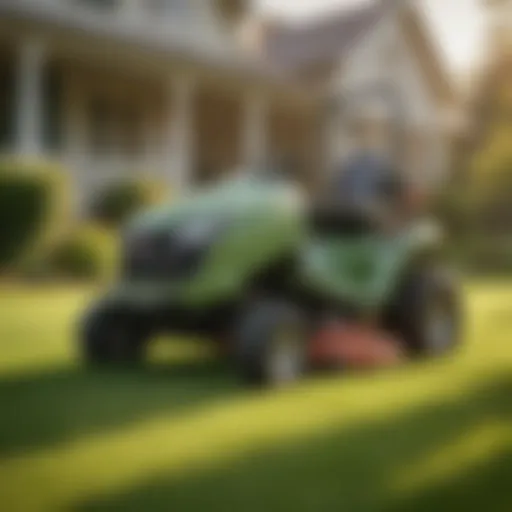 Sears sit-down lawn mower in action on a lush green lawn