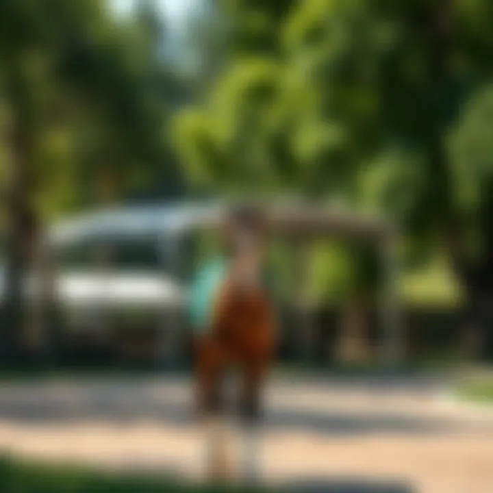 ShelterLogic horse canopy set up in a lush equestrian environment