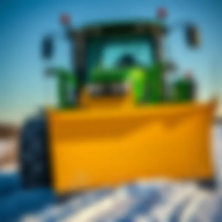 Heavy-duty snow plow attached to a John Deere tractor