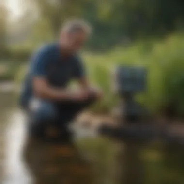 A pond owner testing water quality with advanced equipment